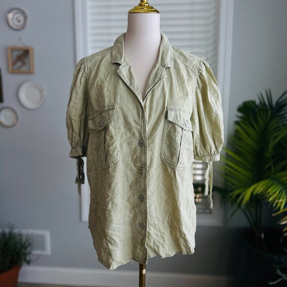 Free People Tops - Free People Linen Blend Utility Button Down Blouse with Ties on Puff Sleeve Sz L